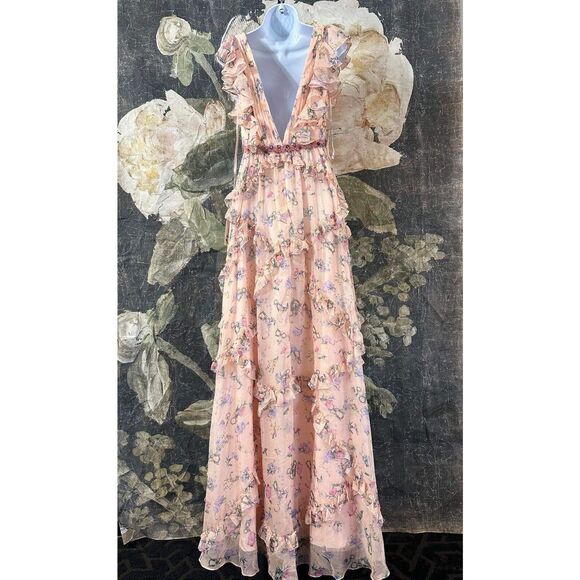 New Mac Ieena Duggal 68090 - Plunging V-Neck Floral Evening Gown Size 2 - Picture 8 of 12